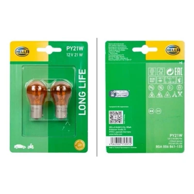 Bilde av HELLA 8GA 006 841 133 Lyspærer 12 21 PY21W BAU15s Halogen foran og bak VOLKSWAGEN: Crafter 30 50 Flatvogn lastebil/Chassis, Caddy 3, Transporter 5