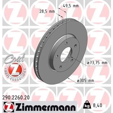 Bilde av ZIMMERMANN COAT Z 290.2260.20 Bremseskiver 305 28 5/5 5 121 innvendig ventilert belagt JAGUAR: XJ Sedan, XK 8 Coupé