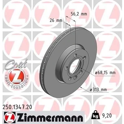 Bilde av ZIMMERMANN COAT Z 250.1347.20 Bremseskiver 313 26 6/5 5 112 innvendig ventilert belagt høy karbon VOLKSWAGEN: Transporter 4 Bus,