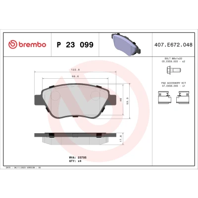 Bilde av BREMBO P 23 099 Bremseklosser ekskl. slitasjevarselkontakt med bremsecaliperskruer tilbehør FIAT: 500 Hatchback, C Cabrio, Panda II Hatchback