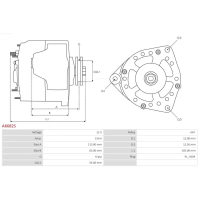 Bilde av AS PL A6682S Dynamo 12V 150A FIAT: Ducato III Flatvogn lastebil / Chassis, Doblo II Stasjonsvogn, Varebil Stasjonsvogn