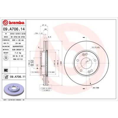 Bilde av BREMBO COATED DISC LINE 09.A706.11 Bremseskiver 280 26 5 innvendig ventilert belagt høy karbon KIA: CARENS 2