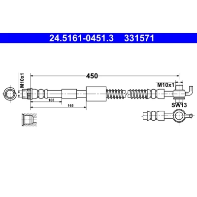 Bilde av ATE 24.5161 0451.3 Bremseslange 450 PEUGEOT: 308 I Hatchback, CITROËN: C4 II Hatchback