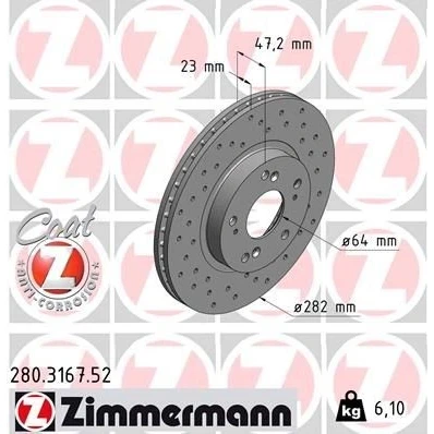 Bilde av ZIMMERMANN SPORT COAT Z 280.3167.52 Bremseskiver 282 23 9/5 5 114 innvendig ventilert, hullet belagt HONDA: CR V 2, CIVIC 7 Hatchback