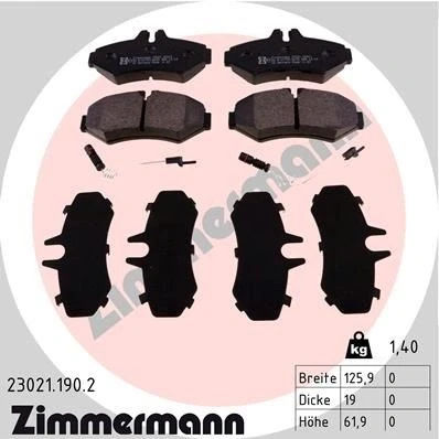 Bilde av ZIMMERMANN 23021.190.2 Bremseklosser inkl. slitasjevarselkontakt Bildet viser leveranseinnholdet MERCEDES BENZ: G Klasse SUV, Sprinter 3 T Minibuss