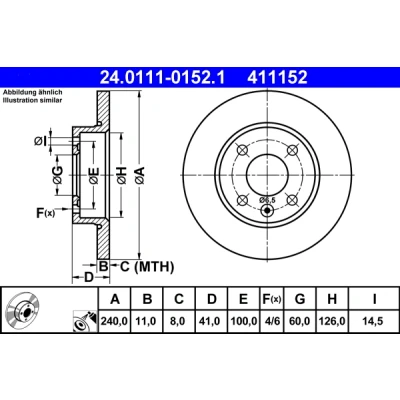 Bilde av ATE 24.0111 0152.1 Bremseskiver 240,0 11,0 4 100,0 fullt ut belagt OPEL: Corsa C Hatchback