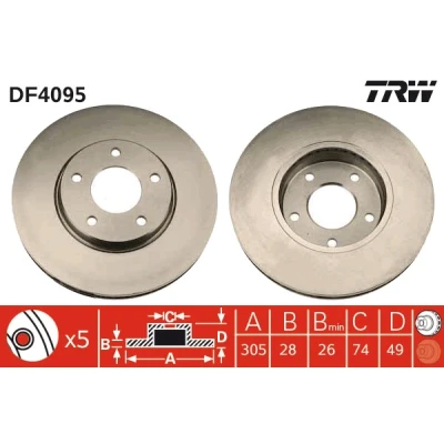 Bilde av TRW DF4095 Bremseskiver 305 28 5 121 ventilert spraylakkert høy karbon JAGUAR: XJ Sedan, XK 8 Coupé