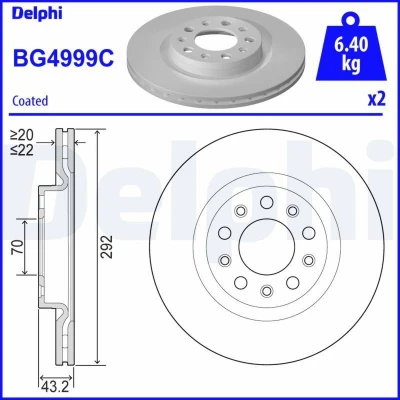 Bilde av DELPHI BG4999C Bremseskiver 292 22 5 ventilert, perforert / ventilert belagt ubehandlet uten hjullager, ABS sensorring ALFA ROMEO: Giulia Sedan
