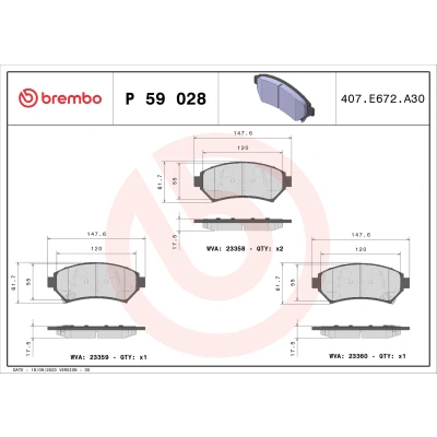 Bilde av BREMBO P 59 028 Bremseklosser med akustisk slitasjevarsel uten tilbehør CADILLAC: Seville V