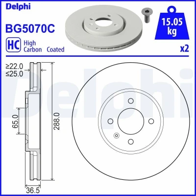 Bilde av DELPHI BG5070C Bremseskiver 288 25 4 ventilert belagt høy karbon uten hjullager, ABS sensorring VOLKSWAGEN: up! Hatchback
