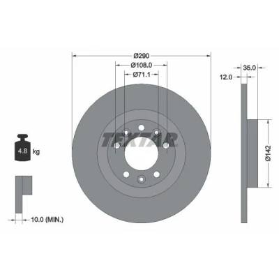 Bilde av TEXTAR PRO 92267303 Bremseskiver 290 12 05/08 108 fullt ut belagt uten hjullager, hjulfestebolt, hjulnav PEUGEOT: 308 SW 2, 5008 II